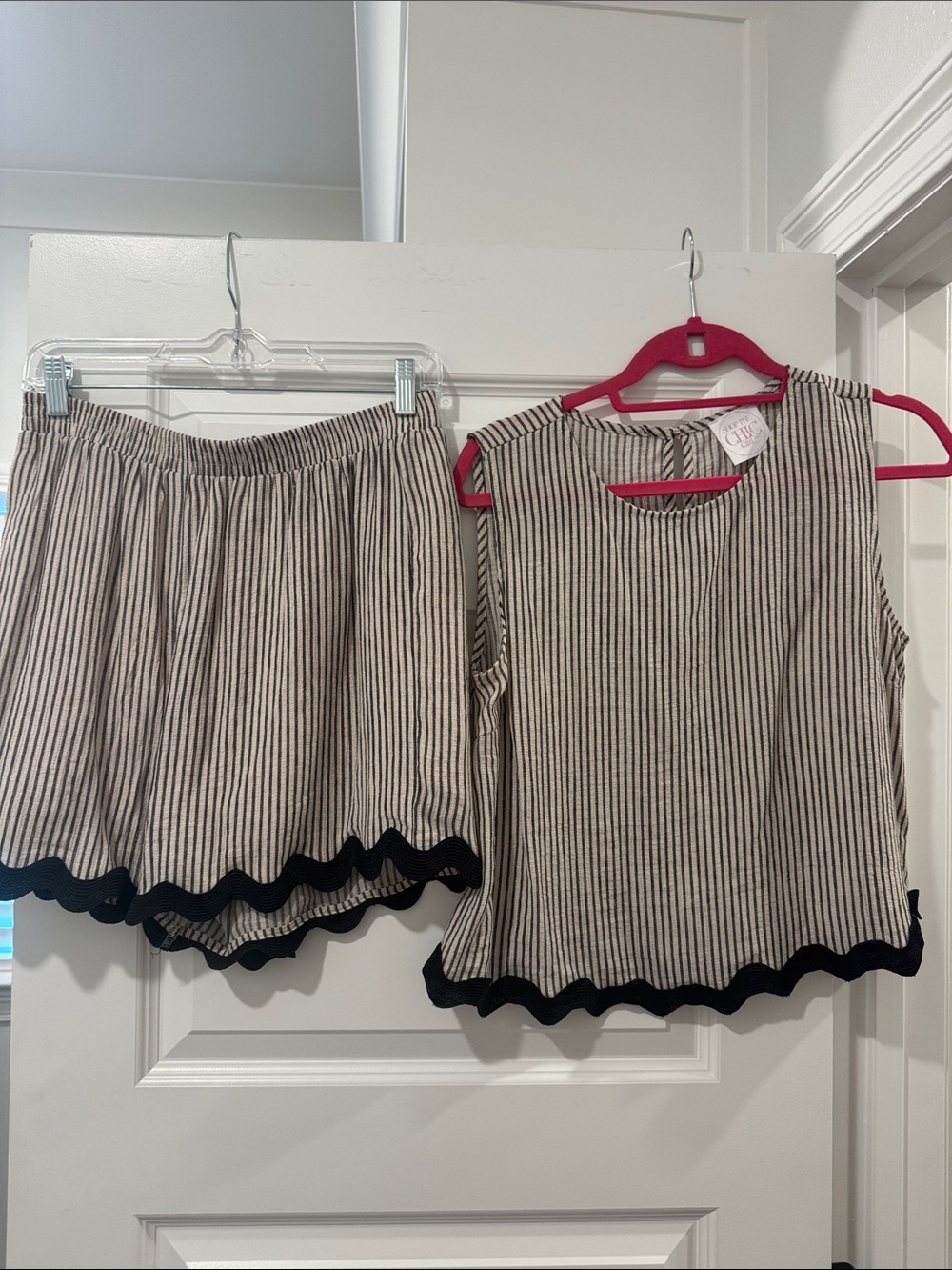 Women's Beige & Black Striped Sleeveless Tank Top and short set by CHIC